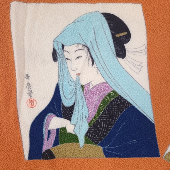 Vintage 80s Beige GeishaFace Rayon Crepe Scarf./ bandana - Picture 5 of 9